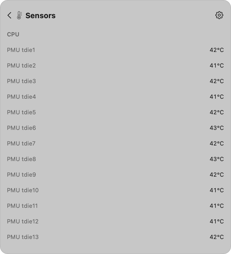 Sensors page listing CPU, GPU, memory, storage, battery temperatures and fans