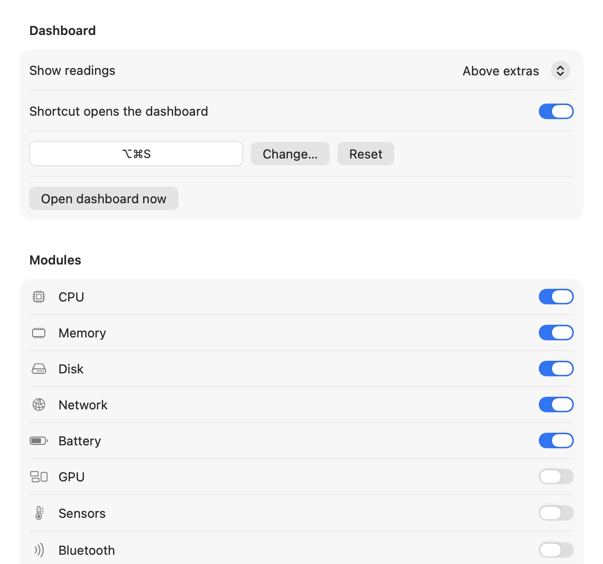 Monitoring settings with per-module toggles and widget styles