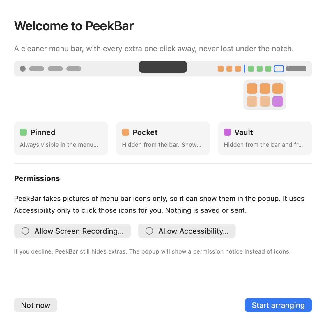 Welcome screen showing the three zones of a notched menu bar